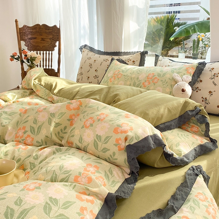 91家纺网 家纺一手货源 找家纺 艾米 2023新款水洗棉麻双层纱系列四件套 暗香