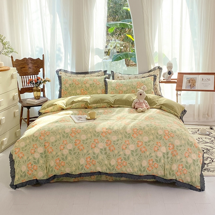 91家纺网 家纺一手货源 找家纺 艾米 2023新款水洗棉麻双层纱系列四件套 暗香