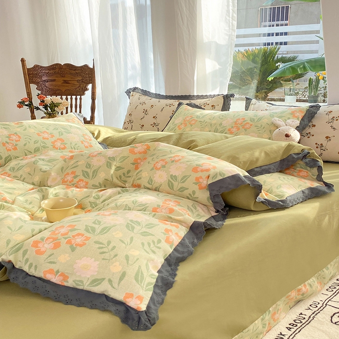 91家纺网 家纺一手货源 找家纺 艾米 2023新款水洗棉麻双层纱系列四件套 暗香