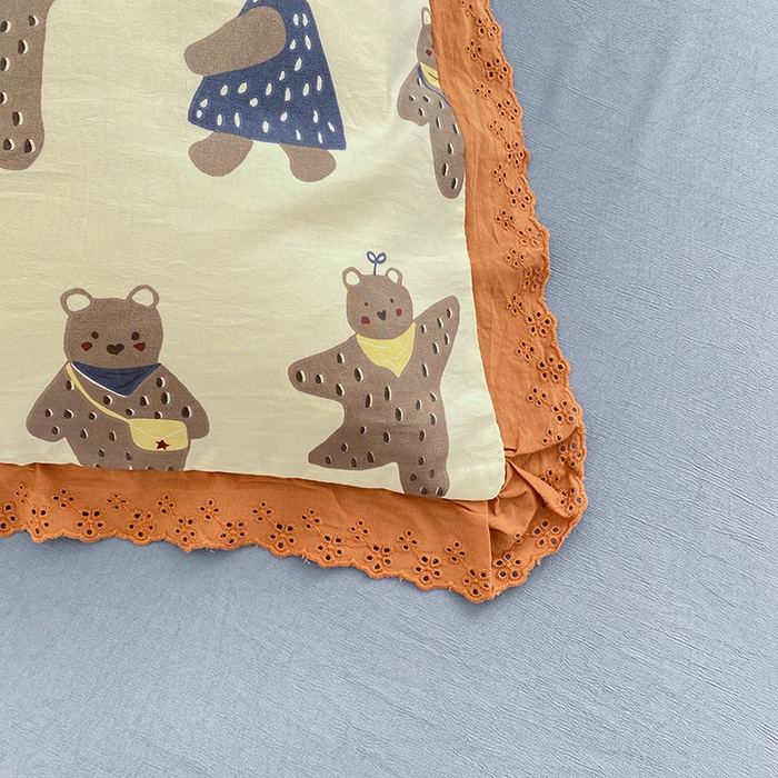 91家纺网 家纺一手货源 找家纺 艾米 2023新款水洗棉麻双层纱系列四件套 饼干熊