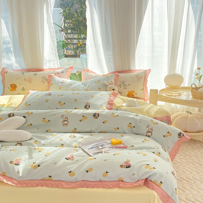 91家纺网 家纺一手货源 找家纺 艾米 2023新款水洗棉麻双层纱系列四件套 菠萝兔