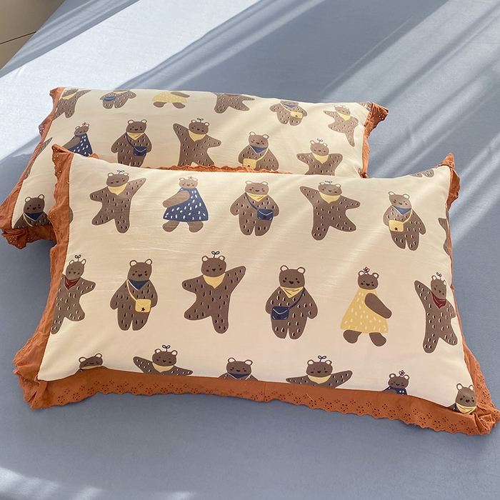 91家纺网 家纺一手货源 找家纺 艾米 2023新款水洗棉麻双层纱系列四件套 饼干熊