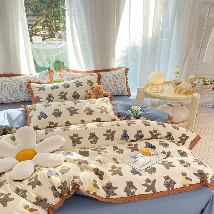 91家纺网 家纺一手货源 找家纺 艾米 2023新款水洗棉麻双层纱系列四件套 饼干熊