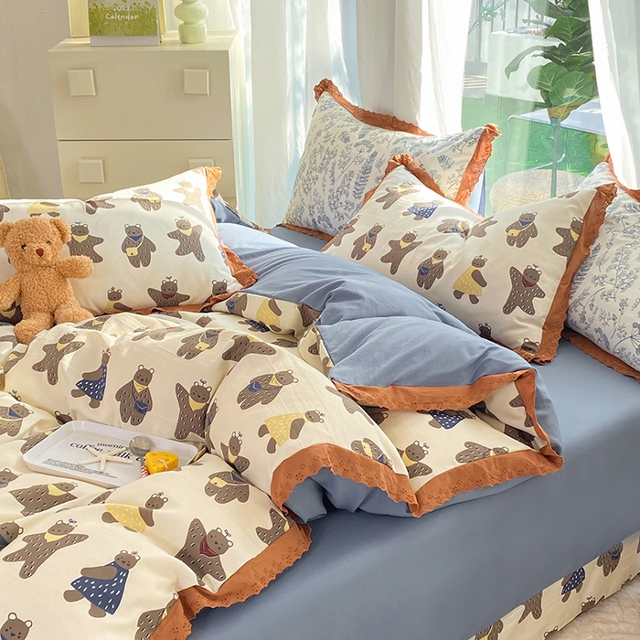 91家纺网 家纺一手货源 找家纺 艾米 2023新款水洗棉麻双层纱系列四件套 饼干熊