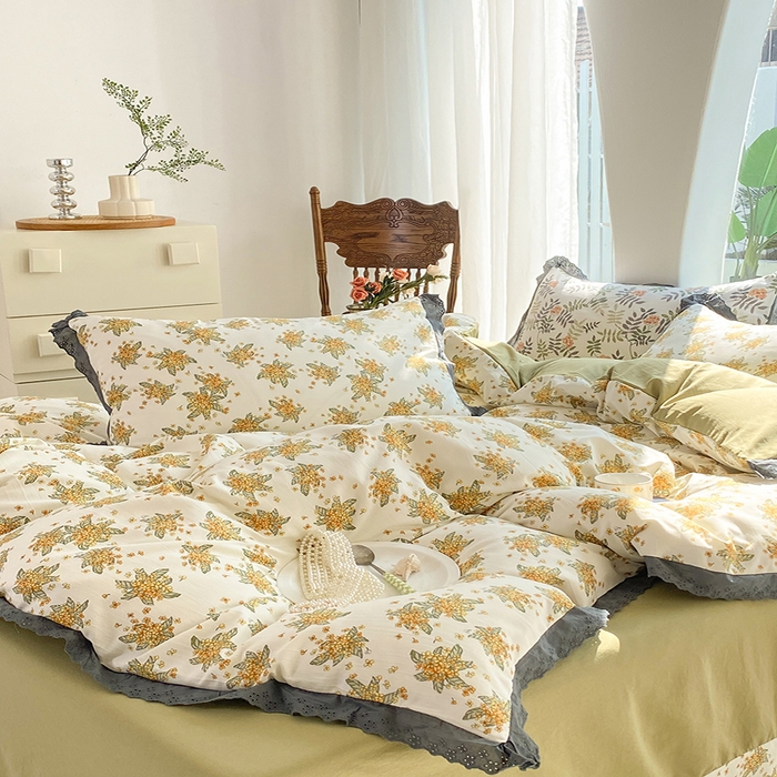 91家纺网 家纺一手货源 找家纺 艾米 2023新款水洗棉麻双层纱系列四件套 沉香