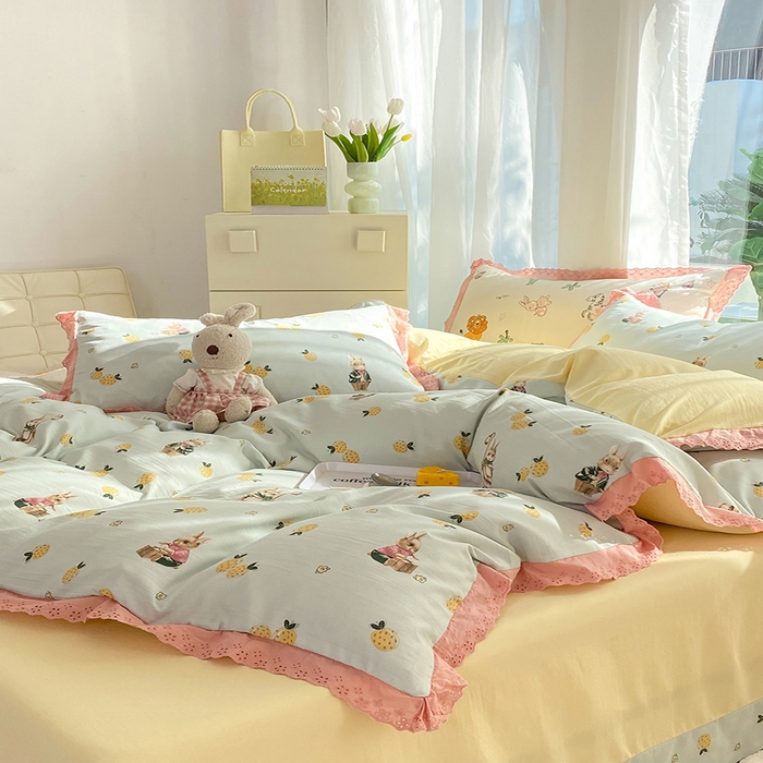 91家纺网 家纺一手货源 找家纺 艾米 2023新款水洗棉麻双层纱系列四件套 菠萝兔