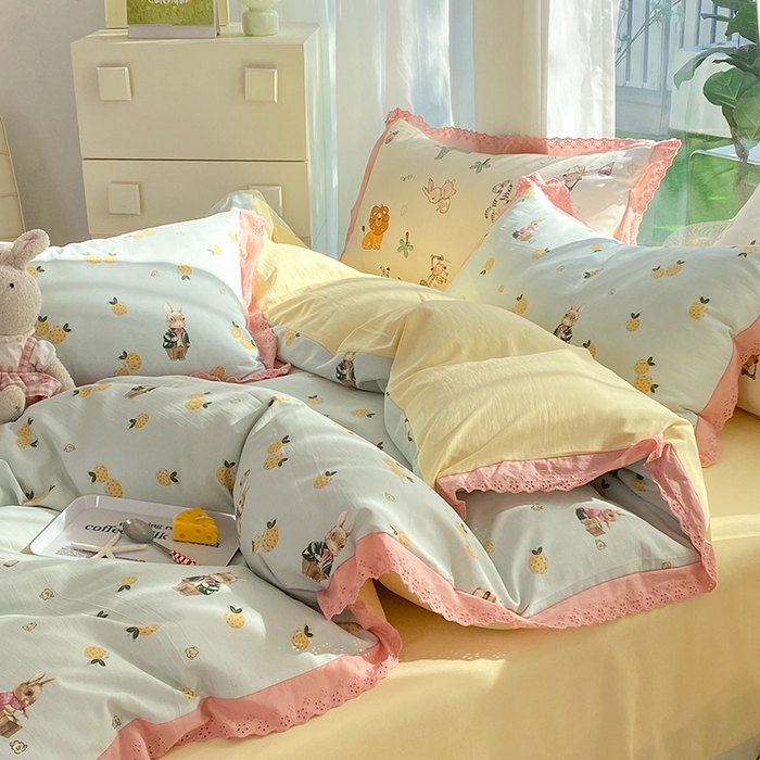 91家纺网 家纺一手货源 找家纺 艾米 2023新款水洗棉麻双层纱系列四件套 菠萝兔