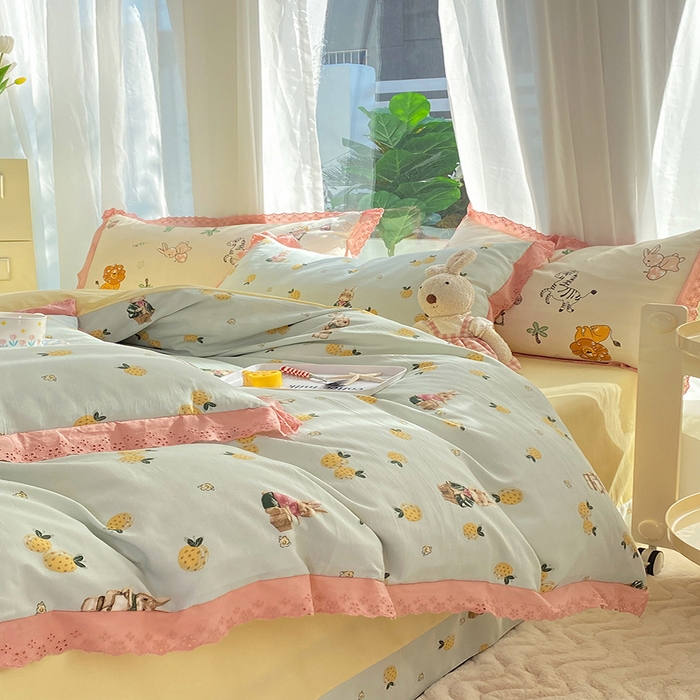 91家纺网 家纺一手货源 找家纺 艾米 2023新款水洗棉麻双层纱系列四件套 菠萝兔