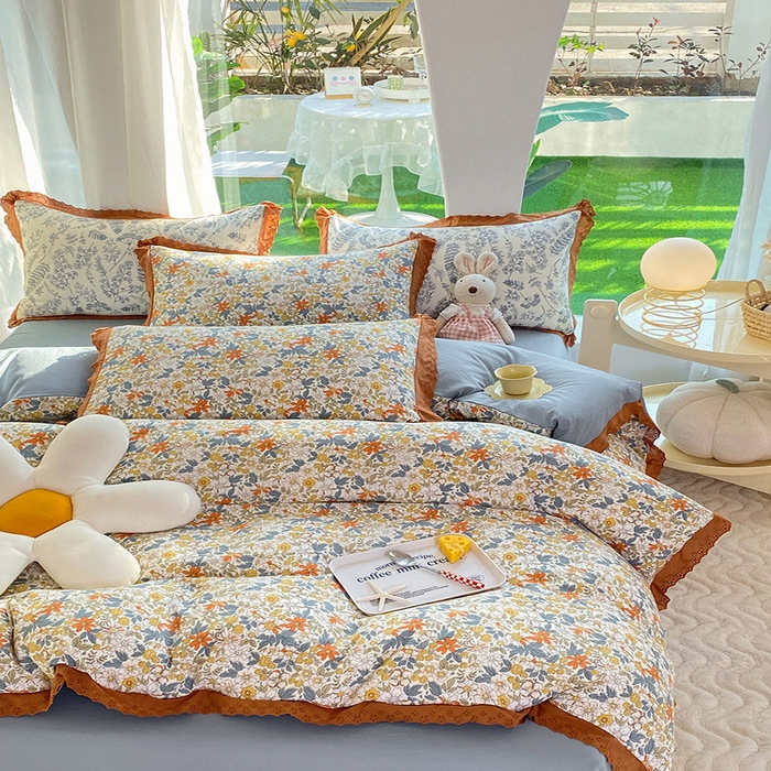 91家纺网 家纺一手货源 找家纺 艾米 2023新款水洗棉麻双层纱系列四件套 繁花