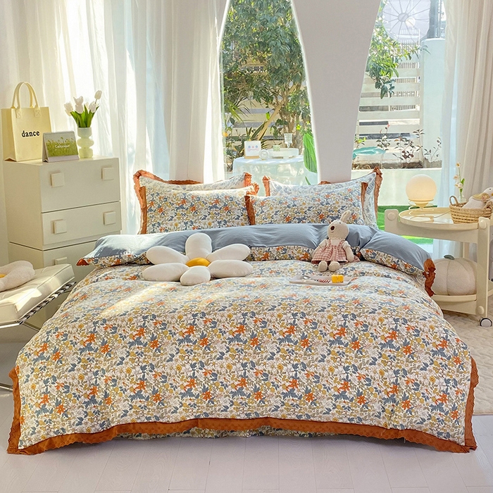 91家纺网 家纺一手货源 找家纺 艾米 2023新款水洗棉麻双层纱系列四件套 繁花