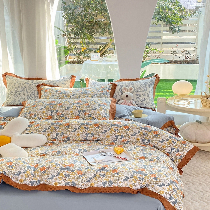 91家纺网 家纺一手货源 找家纺 艾米 2023新款水洗棉麻双层纱系列四件套 繁花