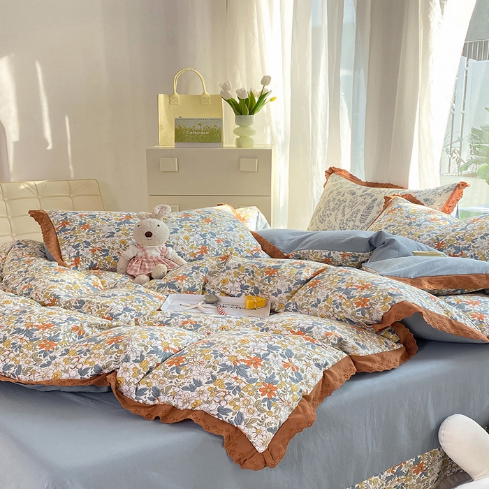 91家纺网 家纺一手货源 找家纺 艾米 2023新款水洗棉麻双层纱系列四件套 繁花