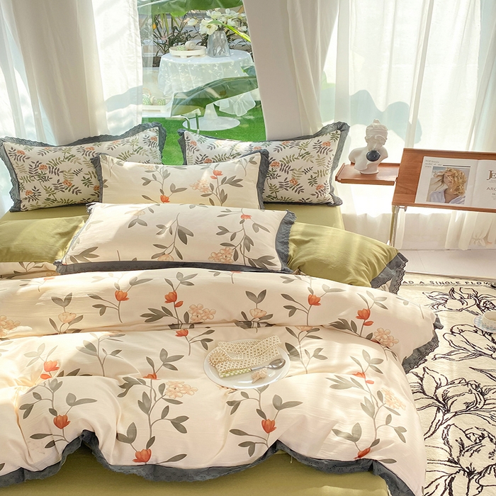 91家纺网 家纺一手货源 找家纺 艾米 2023新款水洗棉麻双层纱系列四件套 芳华