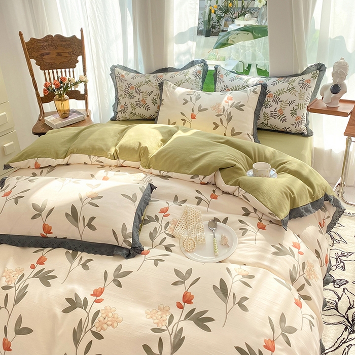 91家纺网 家纺一手货源 找家纺 艾米 2023新款水洗棉麻双层纱系列四件套 芳华