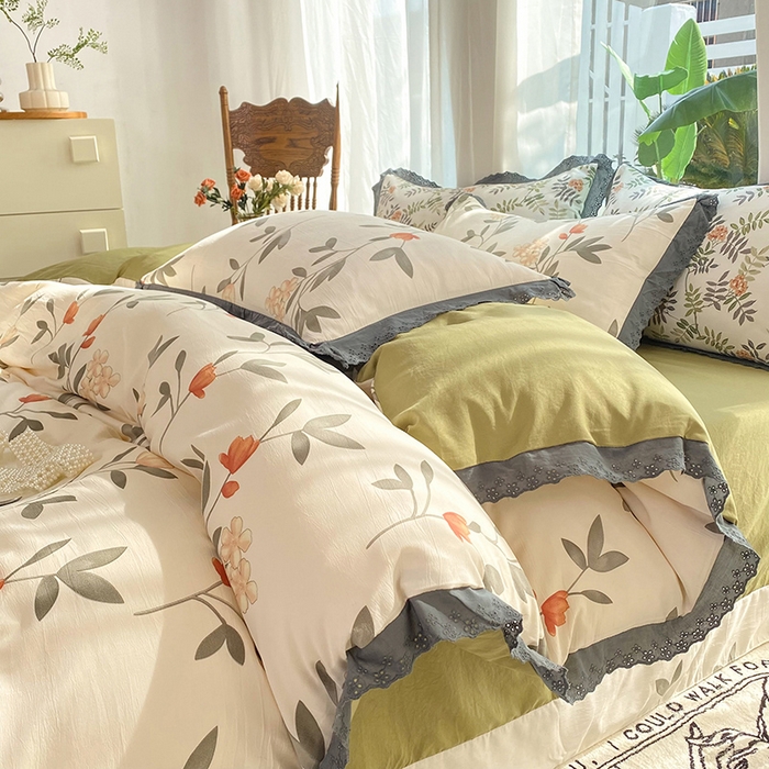 91家纺网 家纺一手货源 找家纺 艾米 2023新款水洗棉麻双层纱系列四件套 芳华