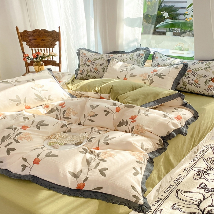 91家纺网 家纺一手货源 找家纺 艾米 2023新款水洗棉麻双层纱系列四件套 芳华