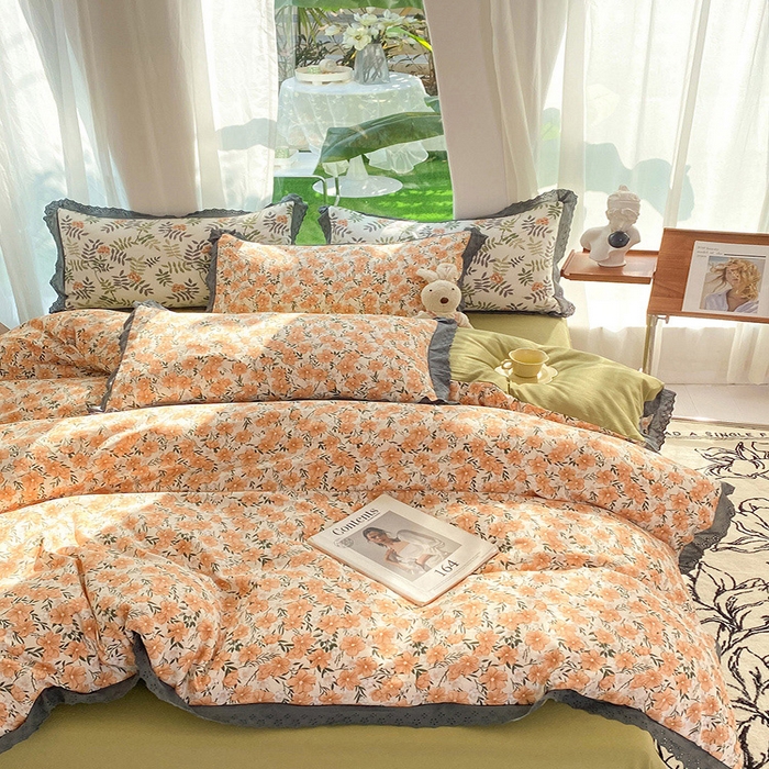 91家纺网 家纺一手货源 找家纺 艾米 2023新款水洗棉麻双层纱系列四件套 花满夫橘色