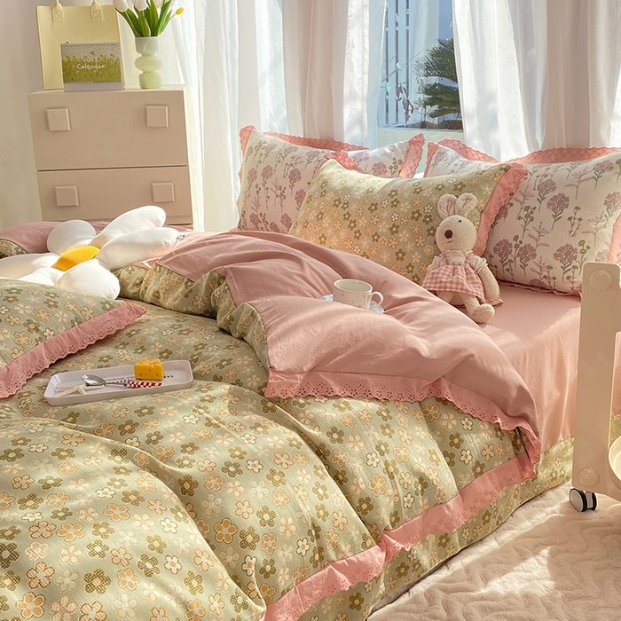 91家纺网 家纺一手货源 找家纺 艾米 2023新款水洗棉麻双层纱系列四件套 花海