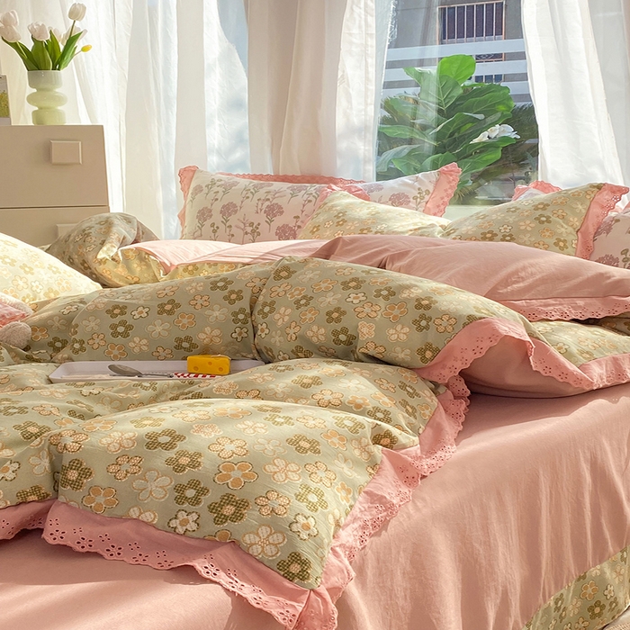 91家纺网 家纺一手货源 找家纺 艾米 2023新款水洗棉麻双层纱系列四件套 花海