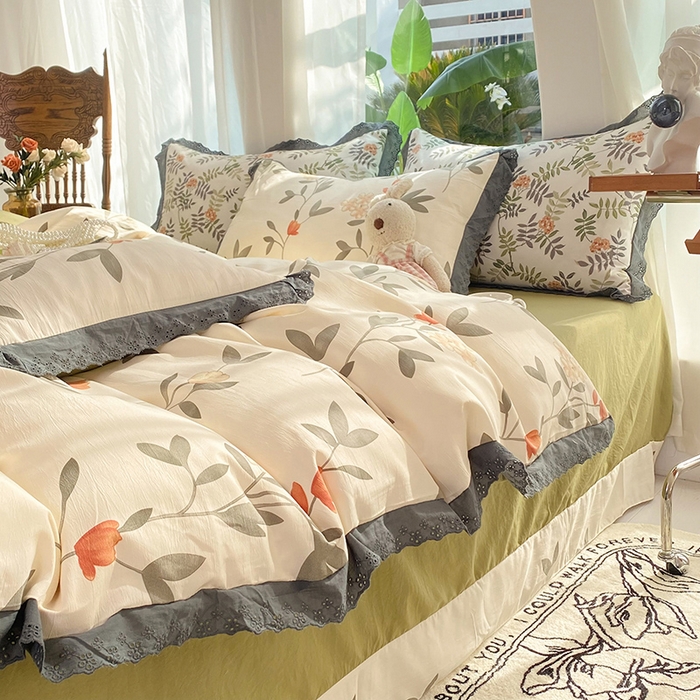 91家纺网 家纺一手货源 找家纺 艾米 2023新款水洗棉麻双层纱系列四件套 芳华