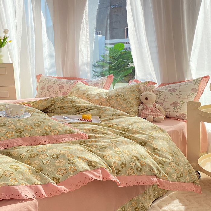 91家纺网 家纺一手货源 找家纺 艾米 2023新款水洗棉麻双层纱系列四件套 花海