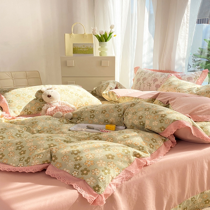 91家纺网 家纺一手货源 找家纺 艾米 2023新款水洗棉麻双层纱系列四件套 花海