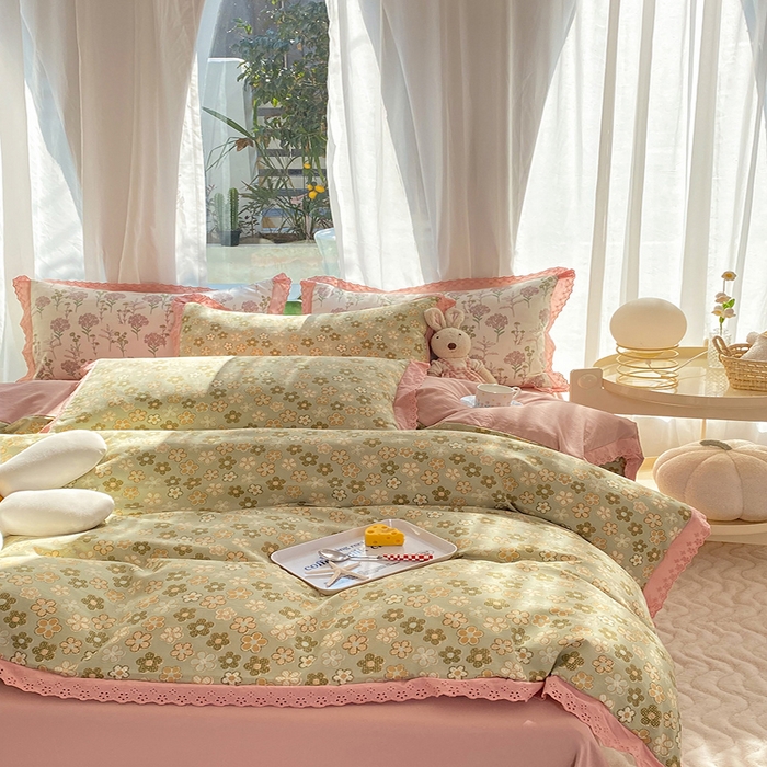 91家纺网 家纺一手货源 找家纺 艾米 2023新款水洗棉麻双层纱系列四件套 花海