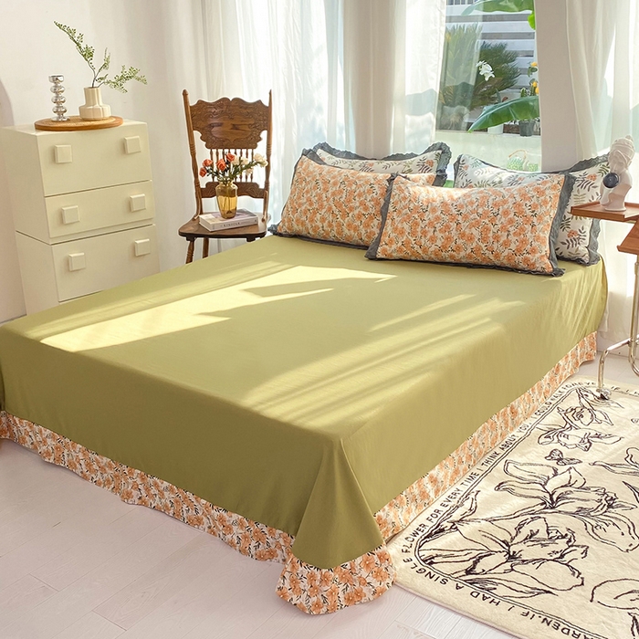 91家纺网 家纺一手货源 找家纺 艾米 2023新款水洗棉麻双层纱系列四件套 花满夫橘色