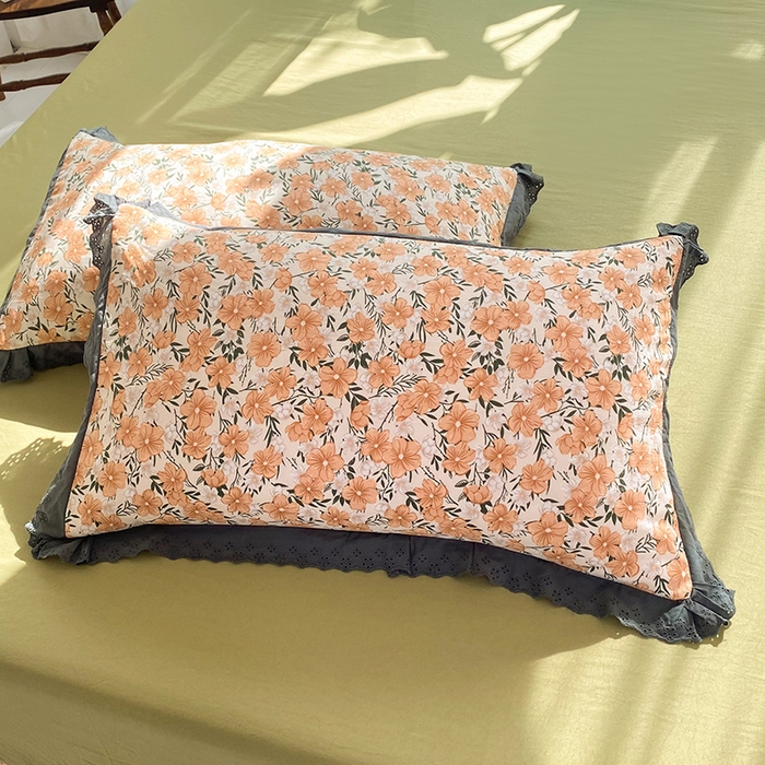 91家纺网 家纺一手货源 找家纺 艾米 2023新款水洗棉麻双层纱系列四件套 花满夫橘色