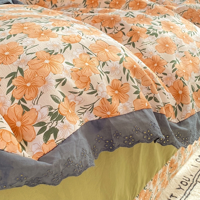 91家纺网 家纺一手货源 找家纺 艾米 2023新款水洗棉麻双层纱系列四件套 花满夫橘色