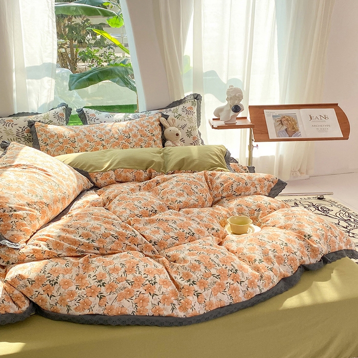 91家纺网 家纺一手货源 找家纺 艾米 2023新款水洗棉麻双层纱系列四件套 花满夫橘色