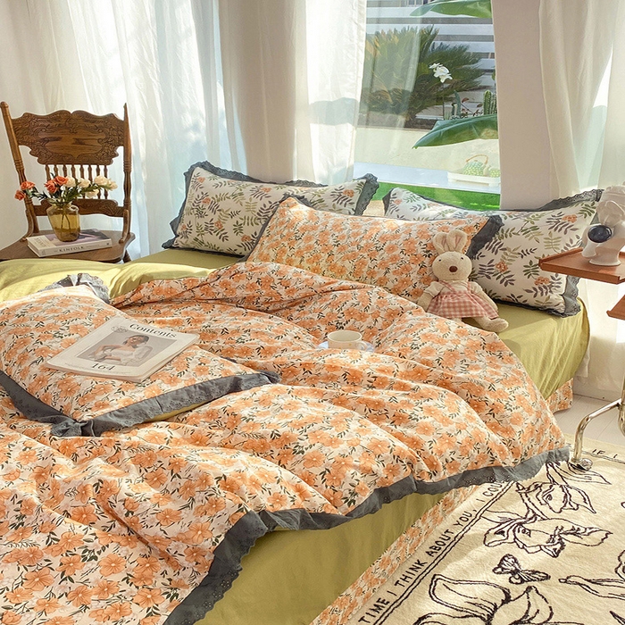 91家纺网 家纺一手货源 找家纺 艾米 2023新款水洗棉麻双层纱系列四件套 花满夫橘色
