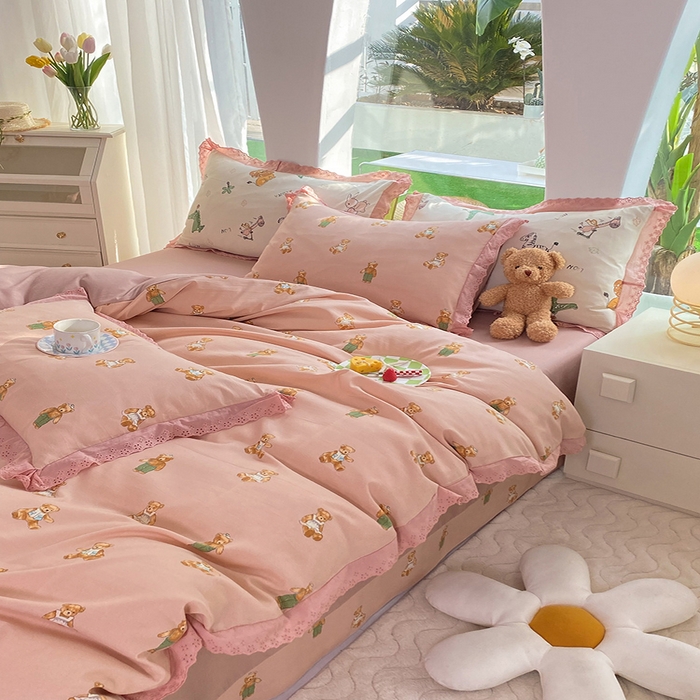 91家纺网 家纺一手货源 找家纺 艾米 2023新款水洗棉麻双层纱系列四件套 快乐熊