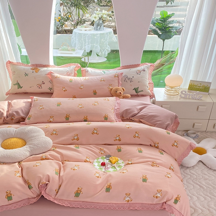 91家纺网 家纺一手货源 找家纺 艾米 2023新款水洗棉麻双层纱系列四件套 快乐熊