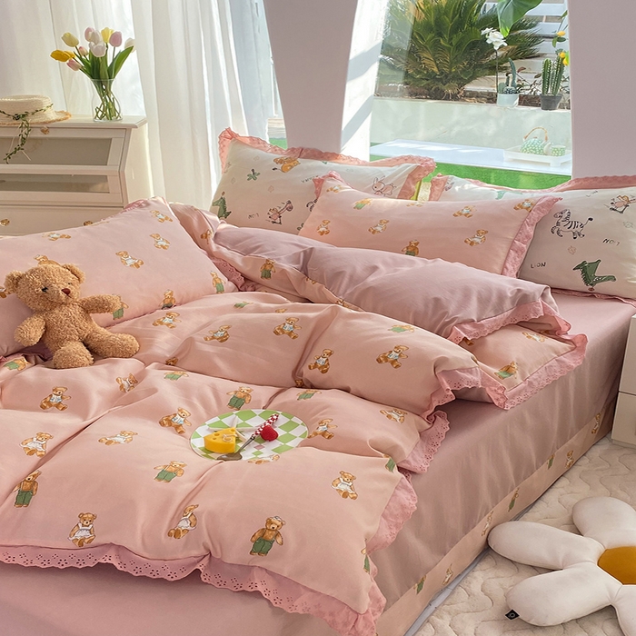 91家纺网 家纺一手货源 找家纺 艾米 2023新款水洗棉麻双层纱系列四件套 快乐熊