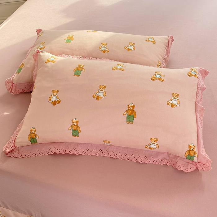 91家纺网 家纺一手货源 找家纺 艾米 2023新款水洗棉麻双层纱系列四件套 快乐熊