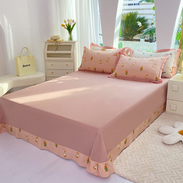 91家纺网 家纺一手货源 找家纺 艾米 2023新款水洗棉麻双层纱系列四件套 快乐熊