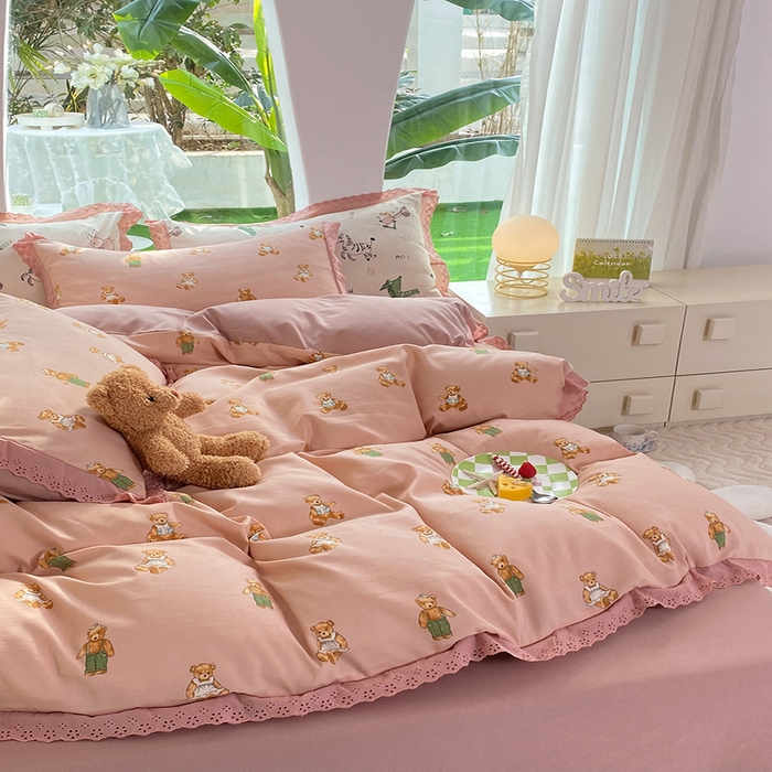 91家纺网 家纺一手货源 找家纺 艾米 2023新款水洗棉麻双层纱系列四件套 快乐熊