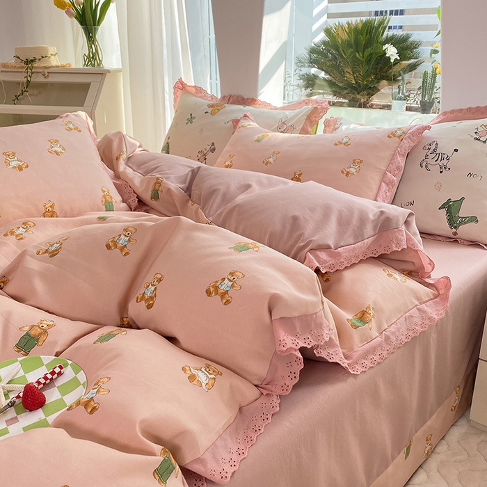 91家纺网 家纺一手货源 找家纺 艾米 2023新款水洗棉麻双层纱系列四件套 快乐熊