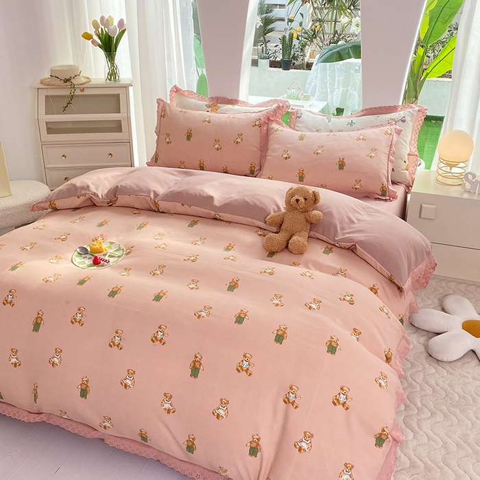 91家纺网 家纺一手货源 找家纺 艾米 2023新款水洗棉麻双层纱系列四件套 快乐熊