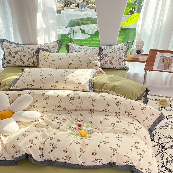 91家纺网 家纺一手货源 找家纺 艾米 2023新款水洗棉麻双层纱系列四件套 流年