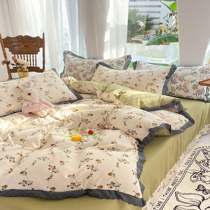 91家纺网 家纺一手货源 找家纺 艾米 2023新款水洗棉麻双层纱系列四件套 流年