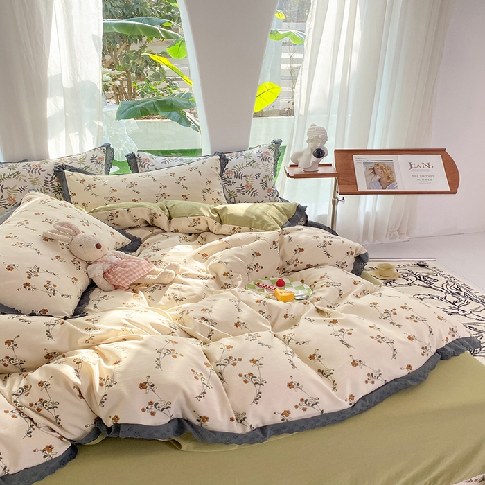 91家纺网 家纺一手货源 找家纺 艾米 2023新款水洗棉麻双层纱系列四件套 流年