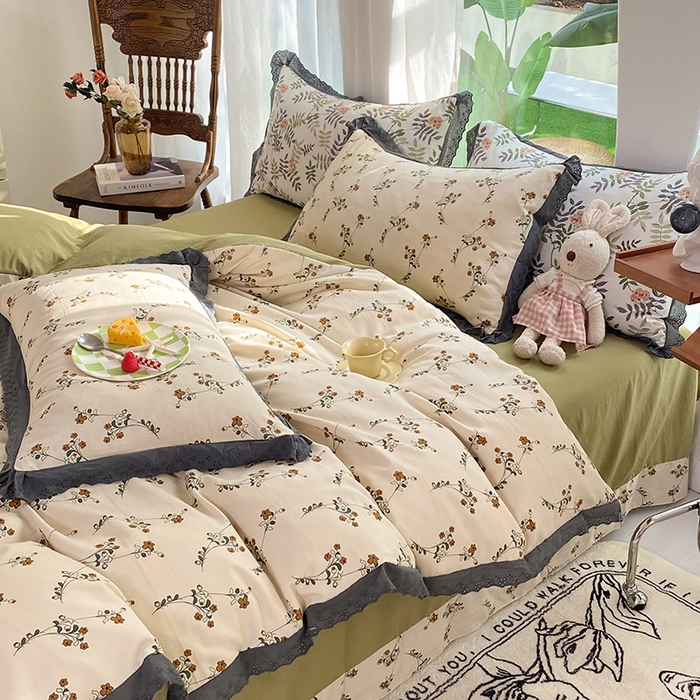 91家纺网 家纺一手货源 找家纺 艾米 2023新款水洗棉麻双层纱系列四件套 流年