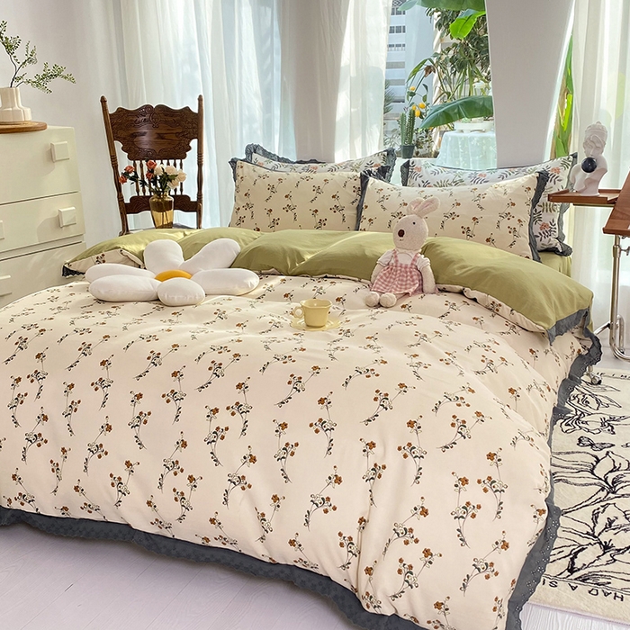 91家纺网 家纺一手货源 找家纺 艾米 2023新款水洗棉麻双层纱系列四件套 流年