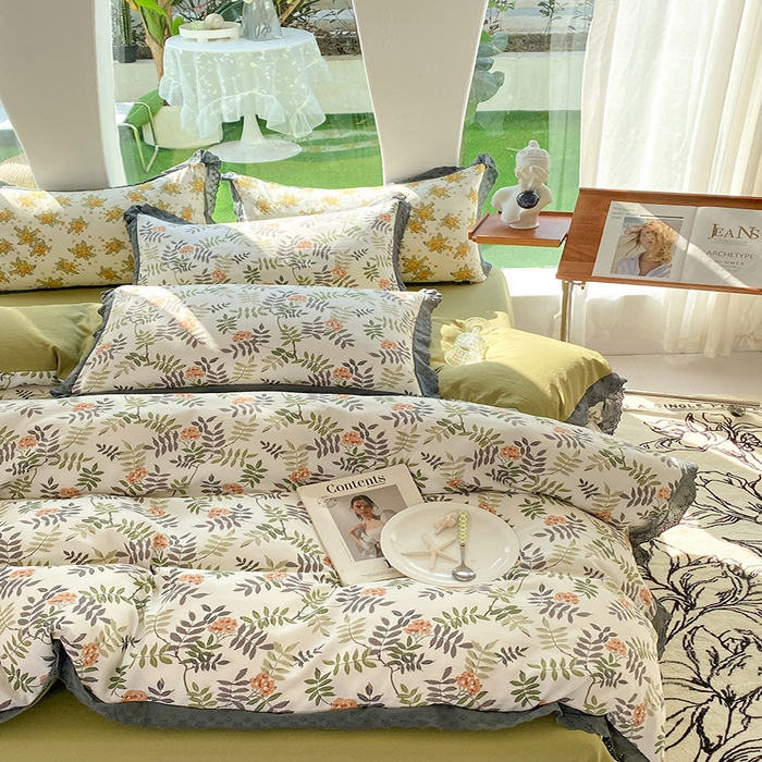 91家纺网 家纺一手货源 找家纺 艾米 2023新款水洗棉麻双层纱系列四件套 梦萝