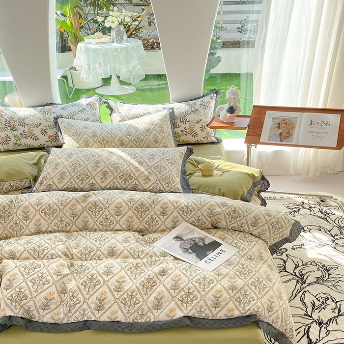 91家纺网 家纺一手货源 找家纺 艾米 2023新款水洗棉麻双层纱系列四件套 千寻