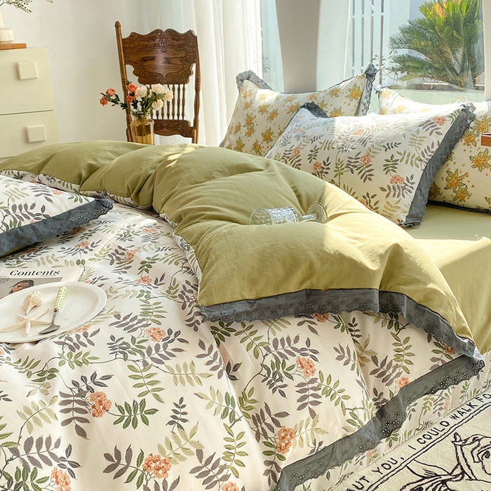 91家纺网 家纺一手货源 找家纺 艾米 2023新款水洗棉麻双层纱系列四件套 梦萝