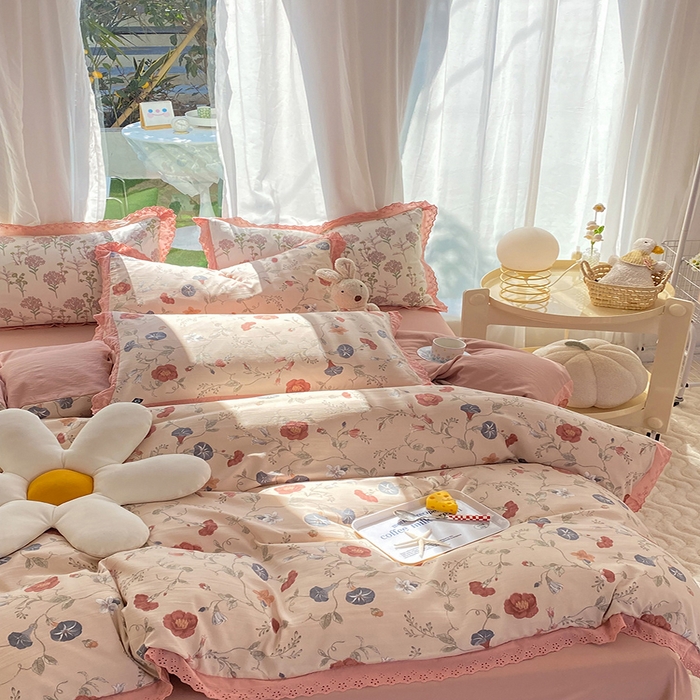 91家纺网 家纺一手货源 找家纺 艾米 2023新款水洗棉麻双层纱系列四件套 牵牛花豆沙