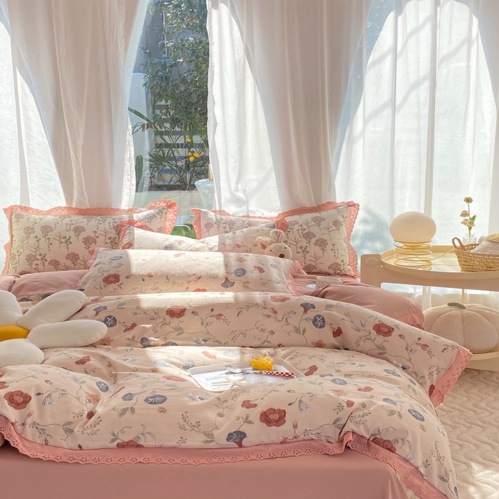 91家纺网 家纺一手货源 找家纺 艾米 2023新款水洗棉麻双层纱系列四件套 牵牛花豆沙